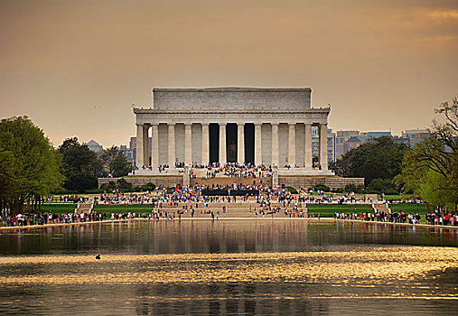 林肯纪念堂,日落,湖,反射,华盛顿特区