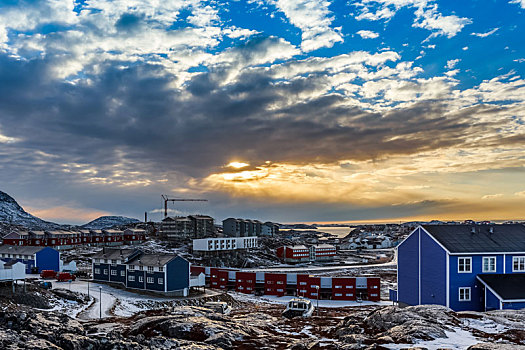 北极,房子,岩石,山,日落,全景,努克,格陵兰