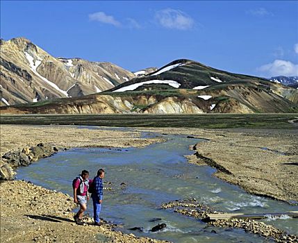 靠近,兰德玛纳,山谷,远足者,河,冰岛