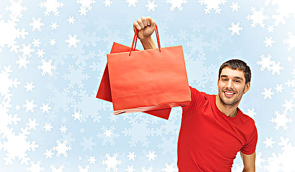 购物,销售,冬天,概念,英俊,微笑,男人,购物袋
