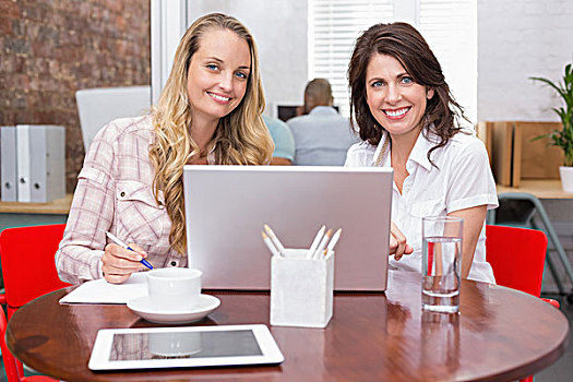 微笑,职业女性,协作,笔记本电脑