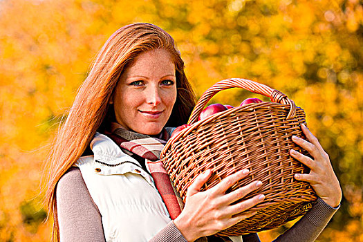 秋天,女人,柳条篮,收获,苹果