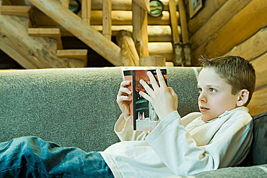 男孩,倚靠,沙发,读,书本