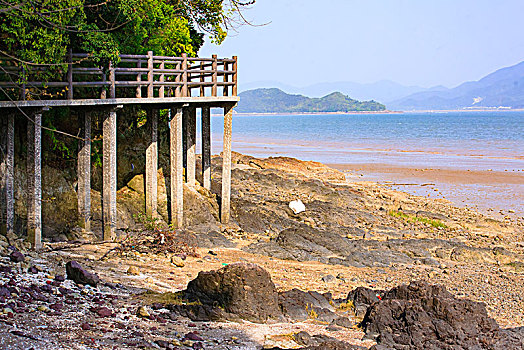 栏杆,木头,道路,礁石,海岸