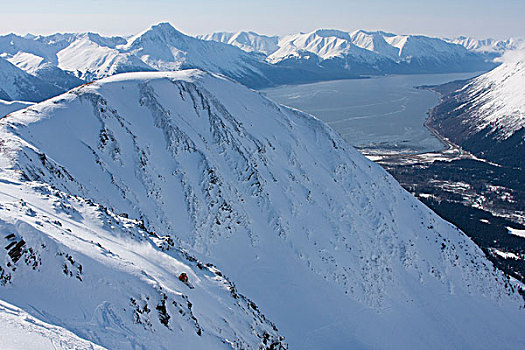 下坡,滑雪者,山,远眺,特纳甘湾,科奈山地,阿拉斯加,冬天