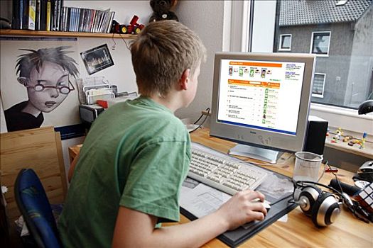 男孩,冲浪,电脑,在家,互联网,交谈,论坛,年轻人