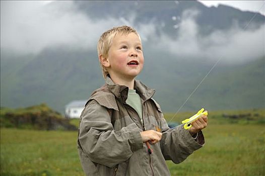 小男孩,飞,风筝,罗浮敦群岛,挪威