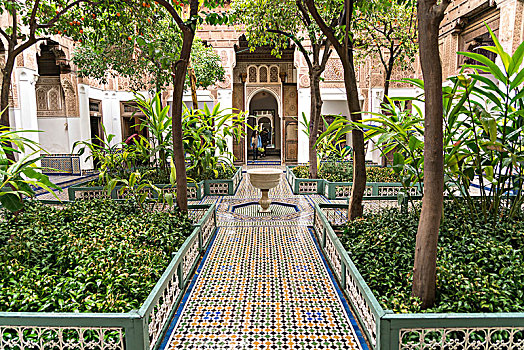 院落,喷泉,宫殿,巴伊亚,玛拉喀什,摩洛哥,非洲