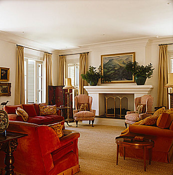 客厅,红色,天鹅绒,沙发,一对,扶手椅