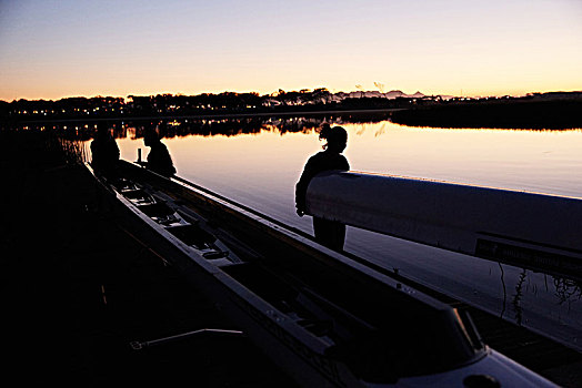 女性,划船,团队,短桨,日出,湖