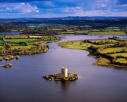 城堡,爱尔兰,航拍,湖,13世纪,建造,场所
