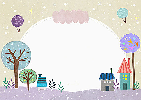 插畫,冬天,樹,房子,雪,白天