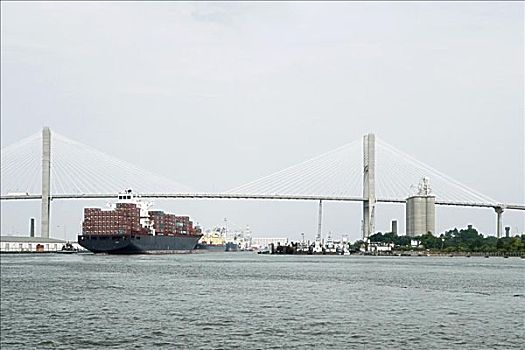 集装箱船,河,吊桥,背景,桥,乔治亚,美国