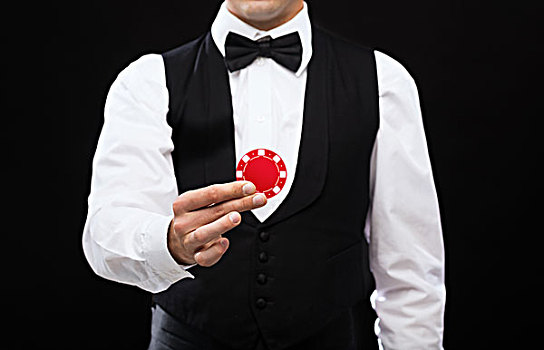 魔幻,表演,马戏团,赌场,概念,庄家,拿着,红色,筹码