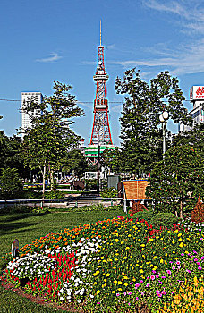 日本北海道札幌市中心的大通公园,远处是札幌市电视塔展望台