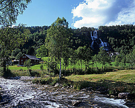 瀑布,靠近,霍达兰,挪威,斯堪的纳维亚,欧洲