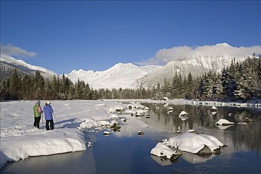 母亲,女儿,越野滑雪,河,阿拉斯加,冬天,树林