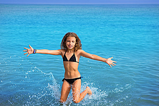 蓝色,海滩,儿童,女孩,比基尼,跳跃,跑