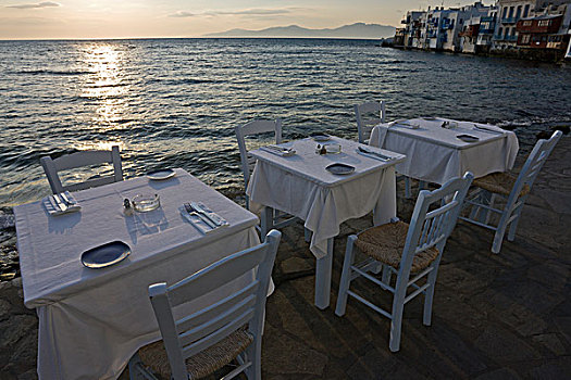 希腊,米克诺斯岛,三个,餐桌,远眺,海洋,日落