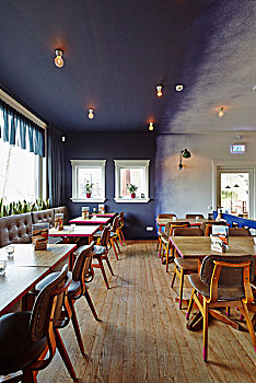 木桌子,皮革,椅子,餐馆,蓝色,墙