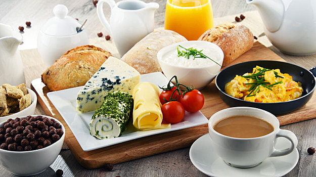早餐,咖啡,奶酪,粮食,炒蛋