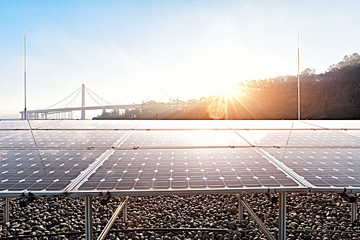 太阳能电池板,靠近,现代,吊桥,阳光