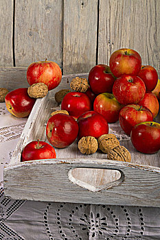 苹果,坚果,白色,木质,托盘