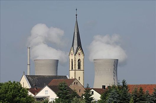 核电站,后面,教堂,尖顶,巴伐利亚,德国,欧洲
