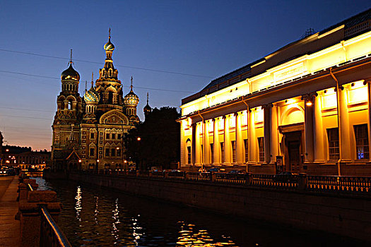 俄罗斯,圣彼得堡,教堂,泛光灯照明