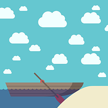 船,靠近,沙滩,空,木船,桨,黄色,漂亮,天空,背景,矢量,插画,透明