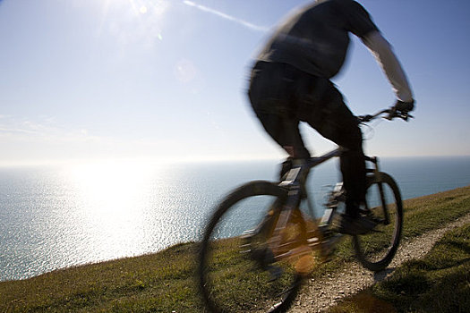 后视图,一个,男人,骑自行车,小路,海洋