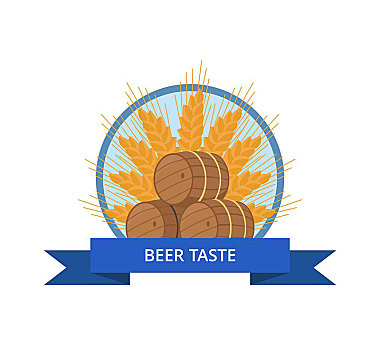 啤酒,味道,标识,设计,木桶,矢量,圆,蓝带,三个,桶,中空,圆柱形,货箱,木头