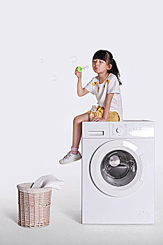 儿童,女孩,吹泡泡,洗衣机
