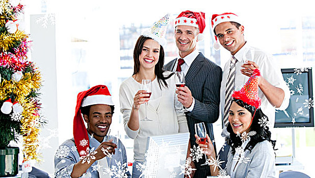 微笑,企业团队,喝,香槟,圣诞节