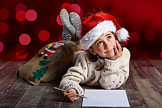 可爱,小女孩,戴着,圣诞帽,文字,圣诞老人,木地板,冬服,圣诞节,红色,背景