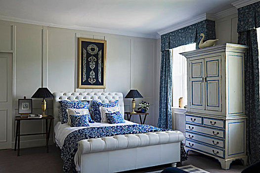 双人床,白色,软垫,床头板,传统,卧室,蓝色