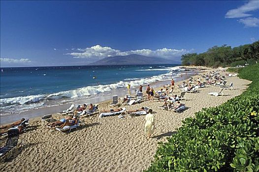 夏威夷,毛伊岛,海滩,许多人,游客,享受,太阳,沙子