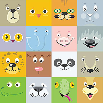 彩色,动物,脸,矢量,设计,哺乳动物,鸟,头部,卡通,象征,插画,自然,概念,孩子,书本,材质,有趣,面具,风格