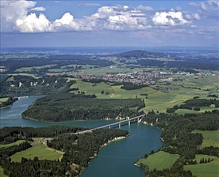 桥,靠近,水库,上巴伐利亚,德国,欧洲,航拍