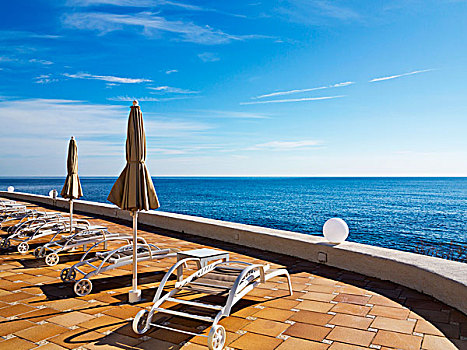 太阳椅,遮阳伞,甲板,酒店,卡普德佩拉,马略卡岛,巴利阿里群岛,西班牙