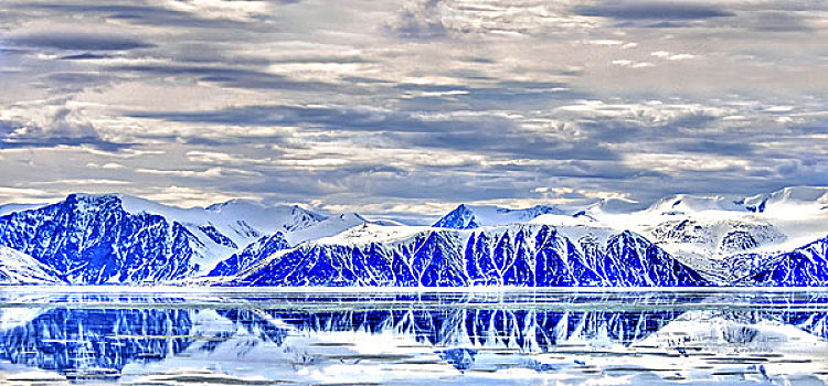 巴芬岛,水塘,小湾,山峦,冰,水,海冰,加拿大,北极,风景