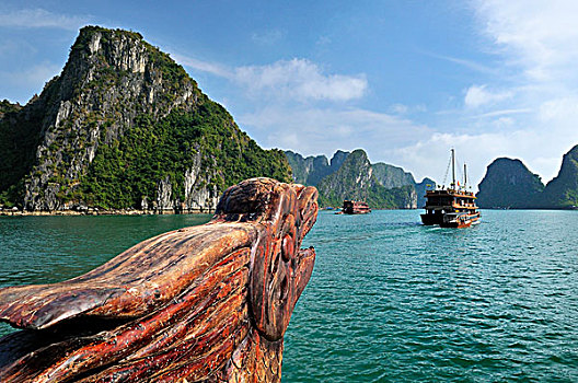 木刻,龙,船首,帆船,下龙湾,喀斯特地貌,锥形,背影,越南,东南亚