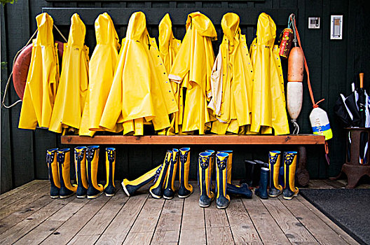 黄色,雨衣,胶靴,排列,不列颠哥伦比亚省,加拿大