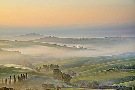 雾状,风景,日出,靠近,圣奎里克,锡耶纳,托斯卡纳,意大利