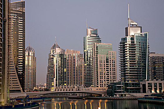 阿联酋,迪拜,塔,光亮,反射,码头,水,夜晚