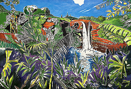 彩虹瀑布,夏威夷,夏威夷大岛,河,州立公园,围绕,茂密,绿色植物,油画