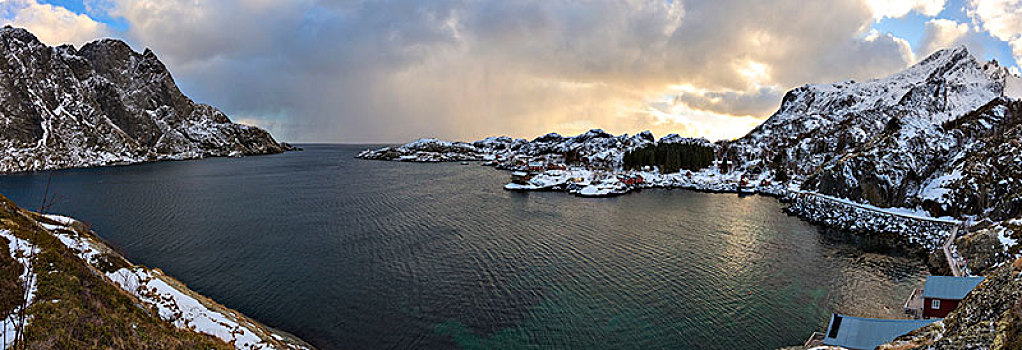 全景,渔村,罗浮敦群岛,挪威