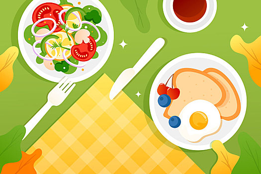 健康早餐美食沙拉俯视图健身餐鸡蛋面包插画