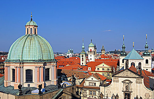 风景,老,城镇,桥,塔,上方,屋顶,晚间,布拉格,波希米亚,捷克共和国,欧洲