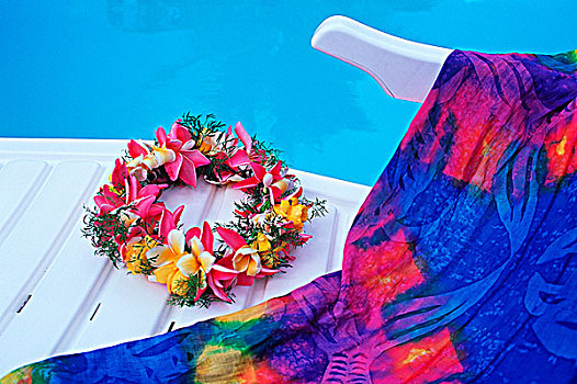 库克群岛,南太平洋,拉罗汤加岛,花,花环,甲板,椅子,池边